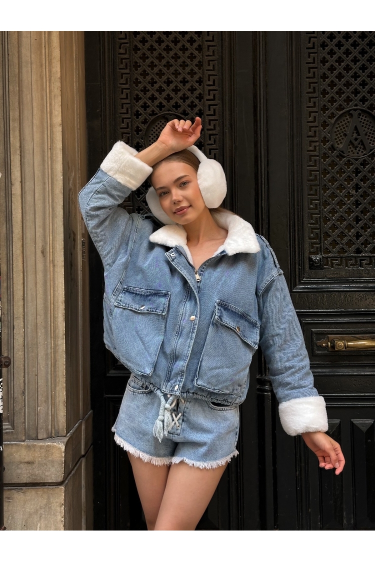 Blue Bomber Jacket With Flap Pockets - Brand: My Jest Fashion - Women & Kids, Baby Clothes Wholesale - TheBS Women