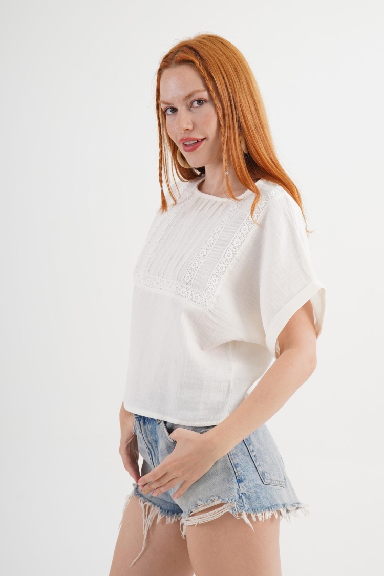 White Casual Boho Blouse With Round Neck - Brand: Lustrin - Women & Kids, Baby Clothes Wholesale - TheBS Women