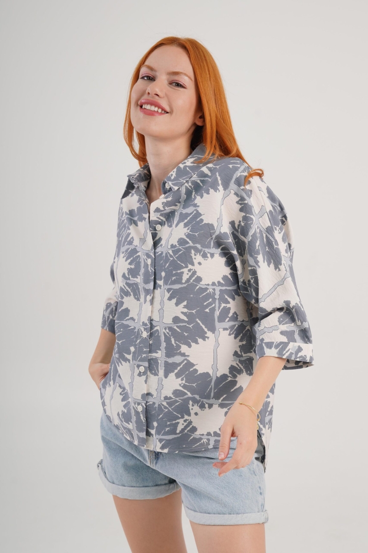 Grey Floral Oversized Fit Polo Neck Shirt - Brand: Lustrin - Women & Kids, Baby Clothes Wholesale - TheBS Women