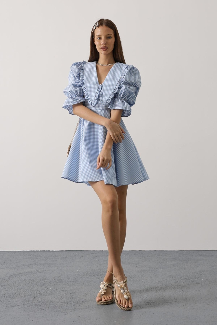 Gingham A-Line Mini Dress With Puff 3/4 Sleeve - Brand: Reyon - Women & Kids, Baby Clothes Wholesale - TheBS Women