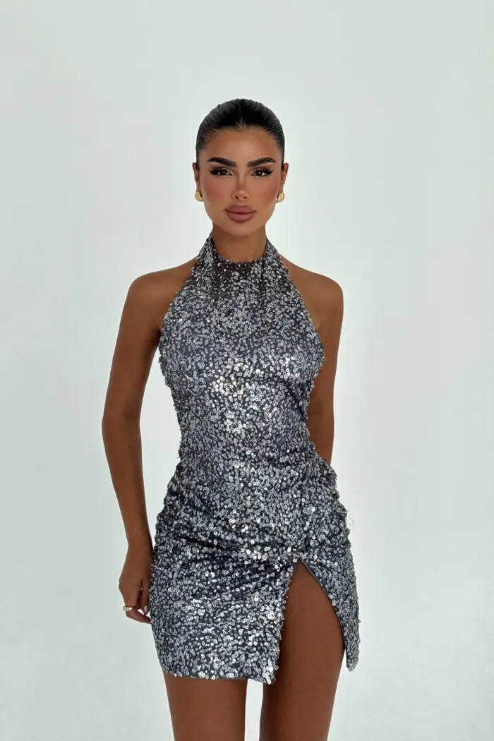 Silver Sequined Bodycon Mini Dress With Halter Neck - Producer: EYYO ATELIER - Wholesale Women Clothes - TheBS Women