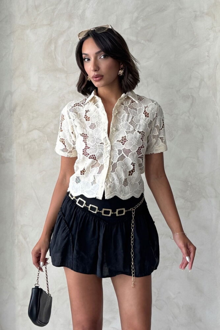 White Floral Crop Shirt With Notched Neck - Producer: Topshow - Wholesale Women Clothes - TheBS Women