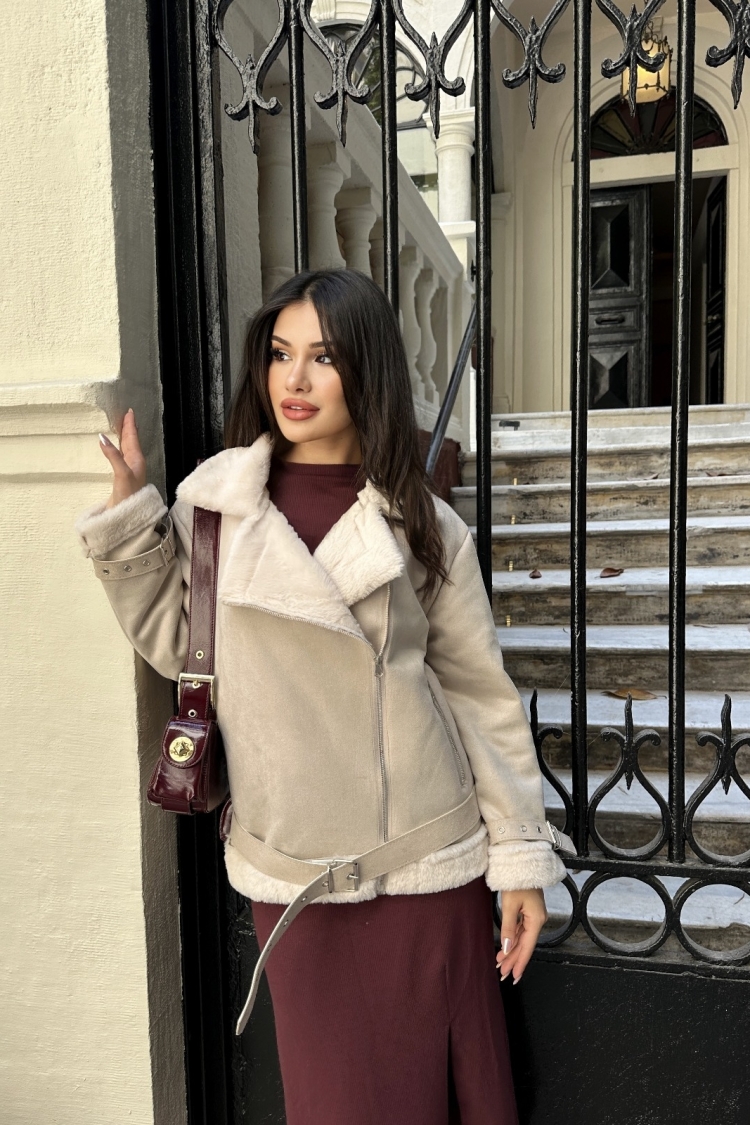 Beige Biker Jacket With Zip-Up & Notched Collar - Producer: My Jest Fashion - Wholesale Women Clothes - TheBS Women