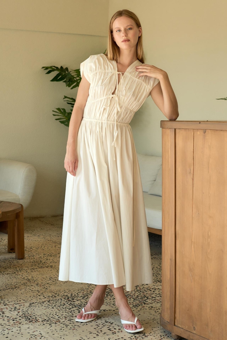 White Fit And Flare V-Neck Midi Dress With Cap Sleeves - Producer: Juste - Wholesale Women Clothes - TheBS Women
