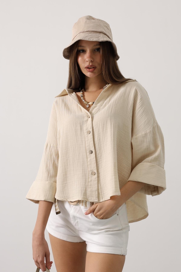 Beige Casual Oversized Shirt With Notched Neck - Brand: Reyon - Women & Kids, Baby Clothes Wholesale - TheBS Women
