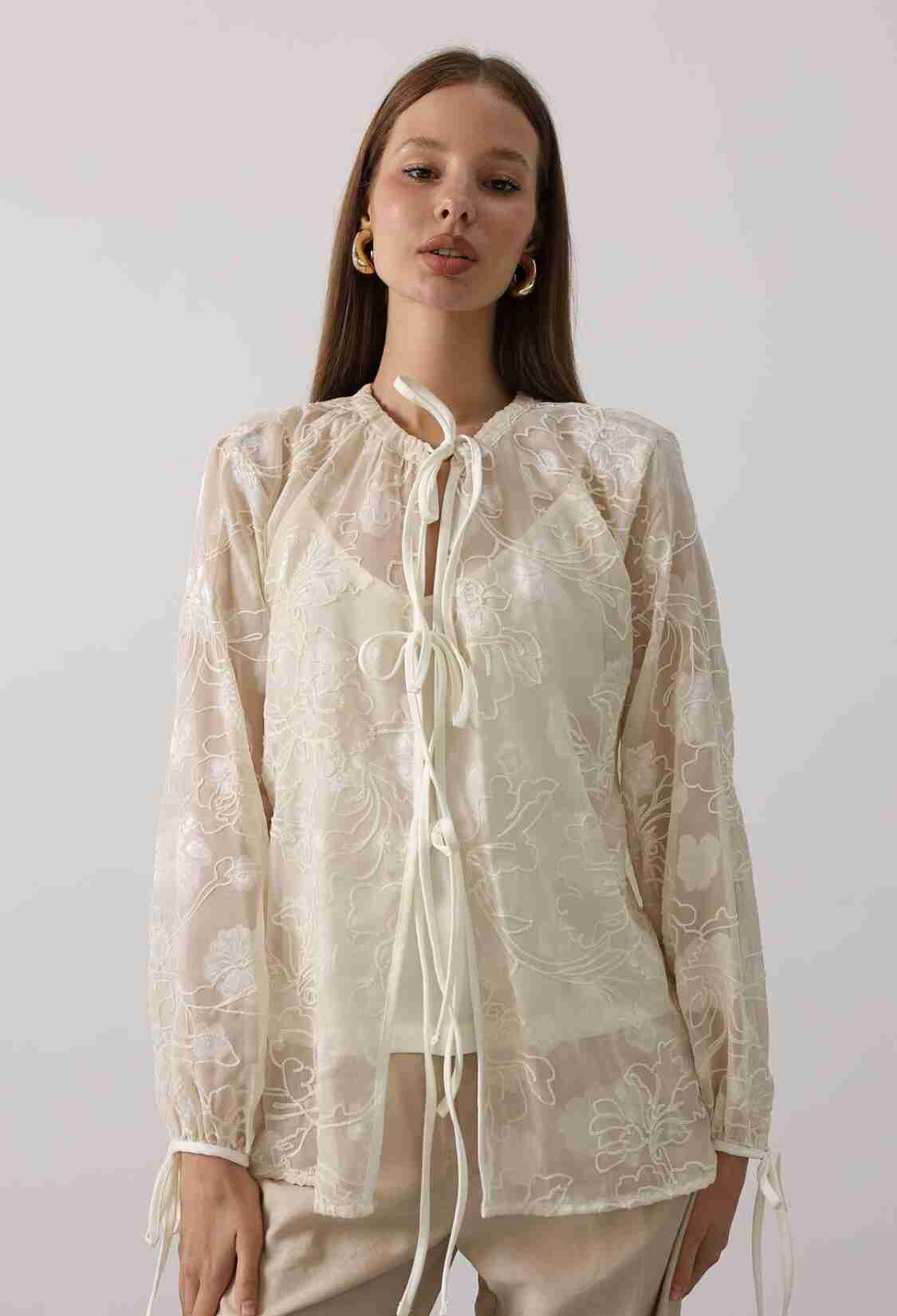 Beige Elegant Tie Closure Shirt - Brand: Reyon - Women & Kids, Baby Clothes Wholesale - TheBS Women