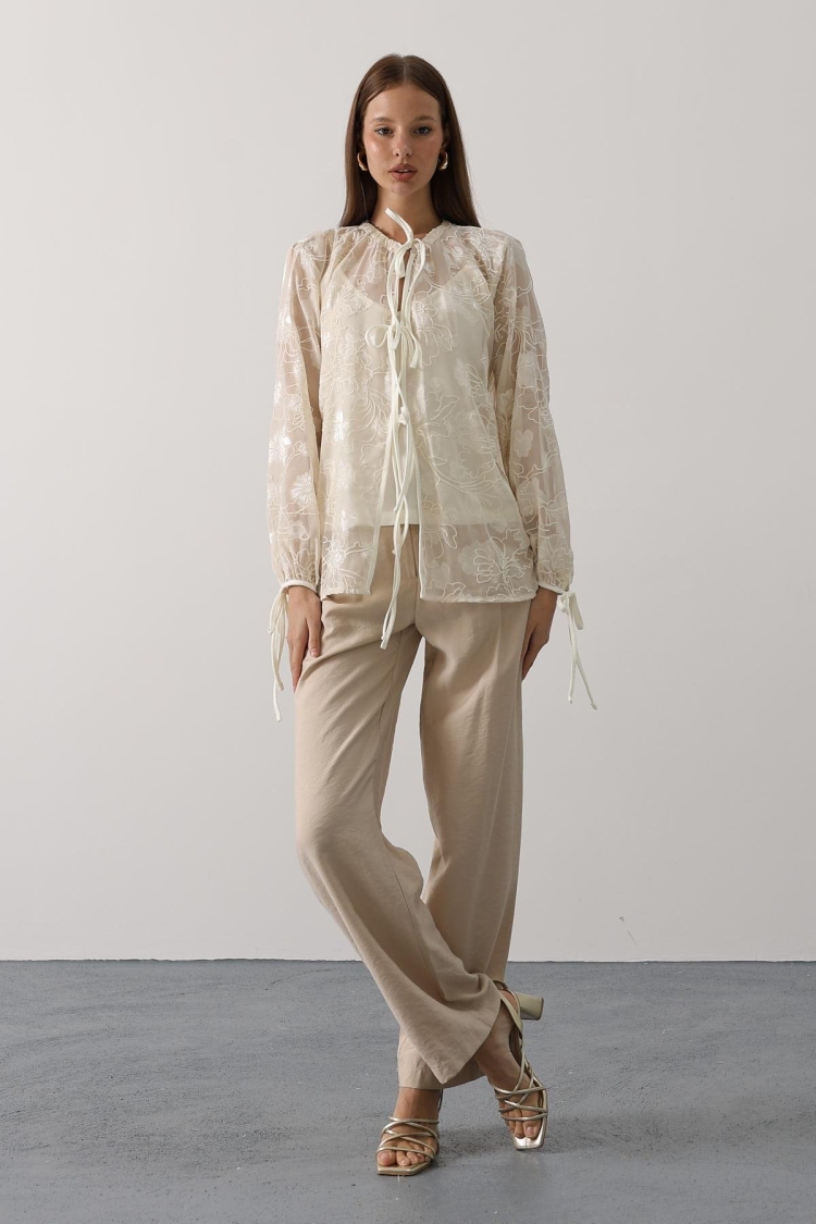Beige Elegant Tie Closure Shirt - Brand: Reyon - Women & Kids, Baby Clothes Wholesale - TheBS Women