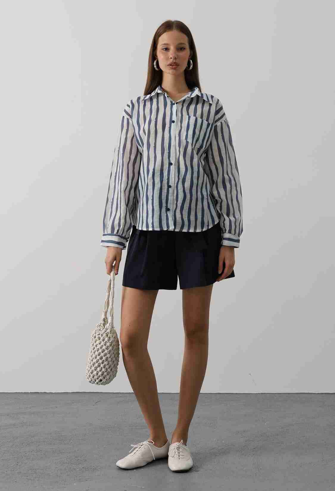 Blue Casual Striped Shirt With Notched Neck - Brand: Reyon - Women & Kids, Baby Clothes Wholesale - TheBS Women