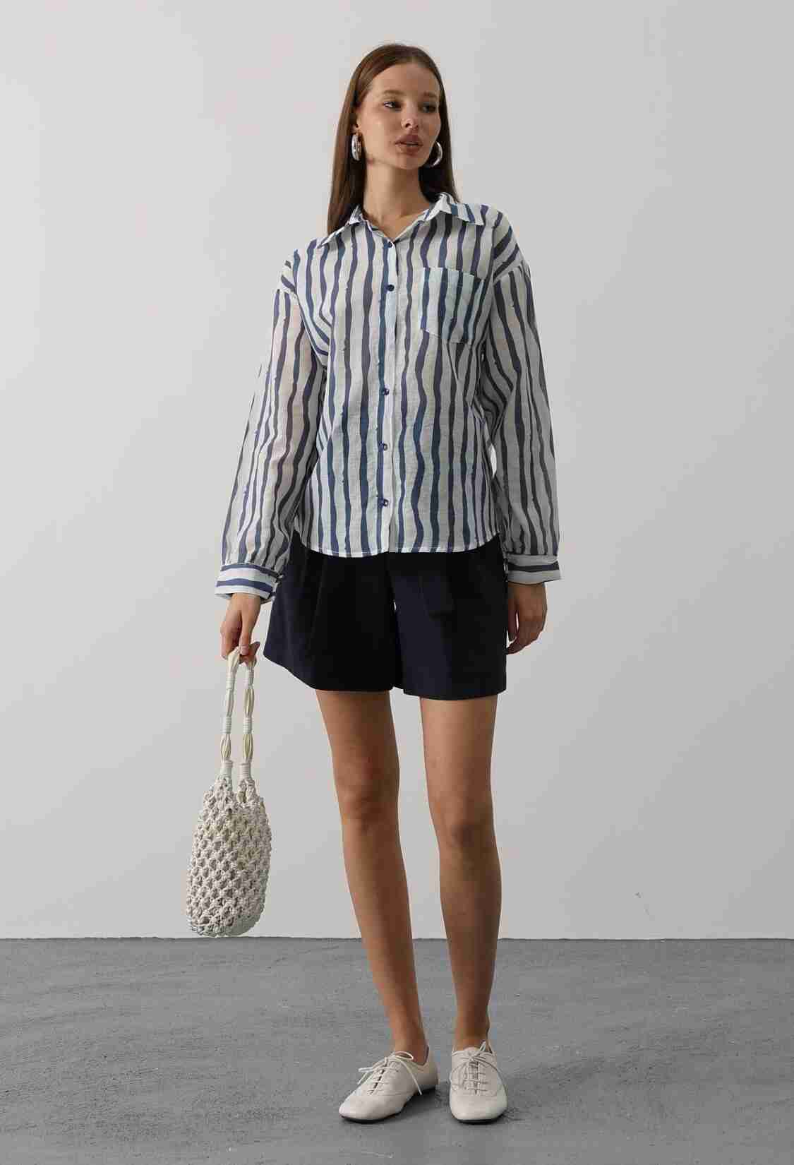 Blue Casual Striped Shirt With Notched Neck - Brand: Reyon - Women & Kids, Baby Clothes Wholesale - TheBS Women
