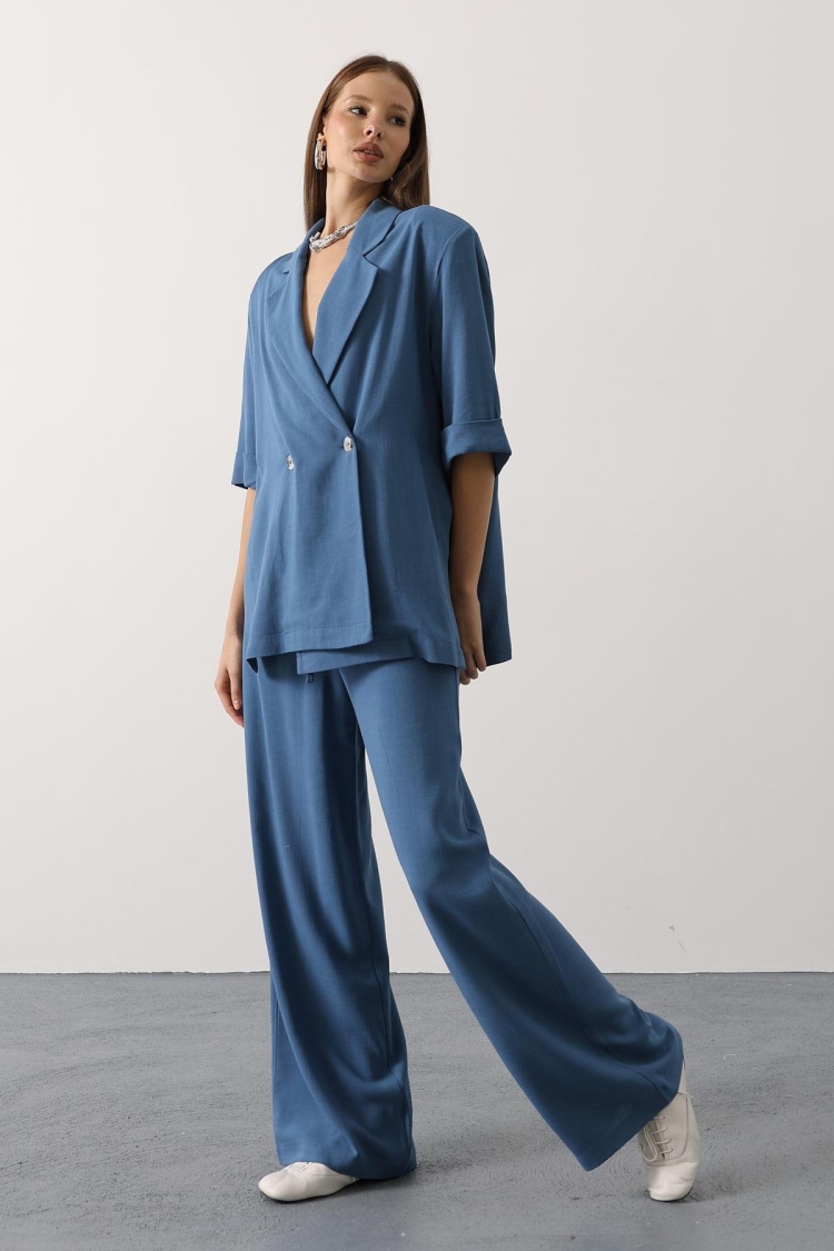 Blue Oversized Fit Palazzo Suit With Notched Neck - Brand: Reyon - Women & Kids, Baby Clothes Wholesale - TheBS Women