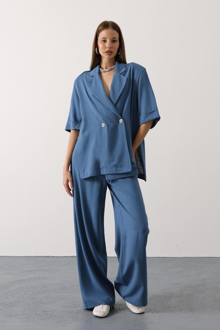 Blue Oversized Fit Palazzo Suit With Notched Neck - Brand: Reyon - Women & Kids, Baby Clothes Wholesale - TheBS Women