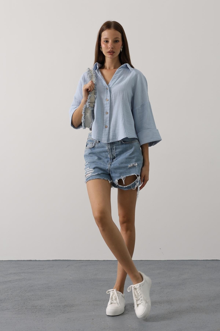 Casual Oversized V-Neck Buttoned Shirt 3/4 Sleeve - Brand: Reyon - Women & Kids, Baby Clothes Wholesale - TheBS Women