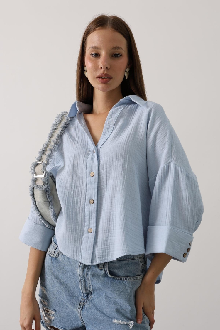 Casual Oversized V-Neck Buttoned Shirt 3/4 Sleeve - Brand: Reyon - Women & Kids, Baby Clothes Wholesale - TheBS Women