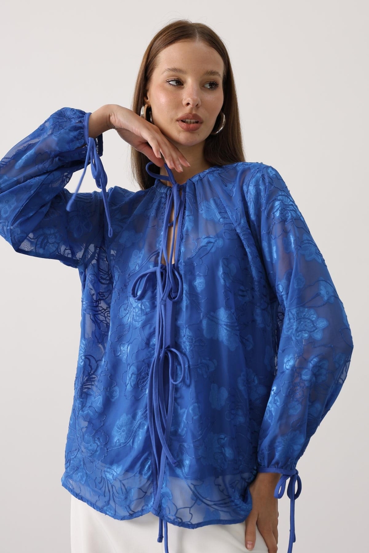 Elegant Blue Floral Long Sleeve Blouse - Brand: Reyon - Women & Kids, Baby Clothes Wholesale - TheBS Women
