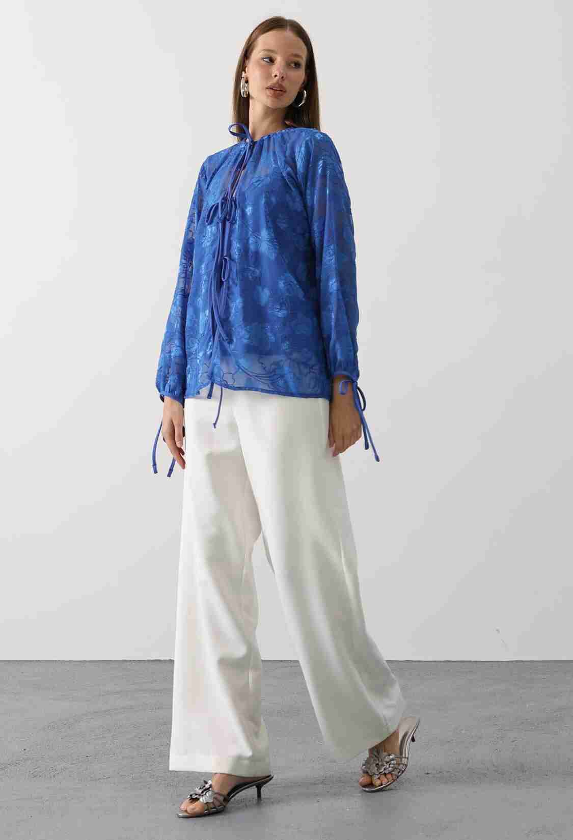 Elegant Blue Floral Long Sleeve Blouse - Brand: Reyon - Women & Kids, Baby Clothes Wholesale - TheBS Women
