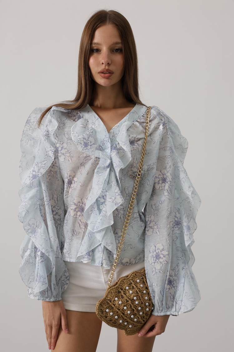 White Boho Buttoned Shirt With Floral Ruffle Sleeves - Brand: Reyon - Women & Kids, Baby Clothes Wholesale - TheBS Women