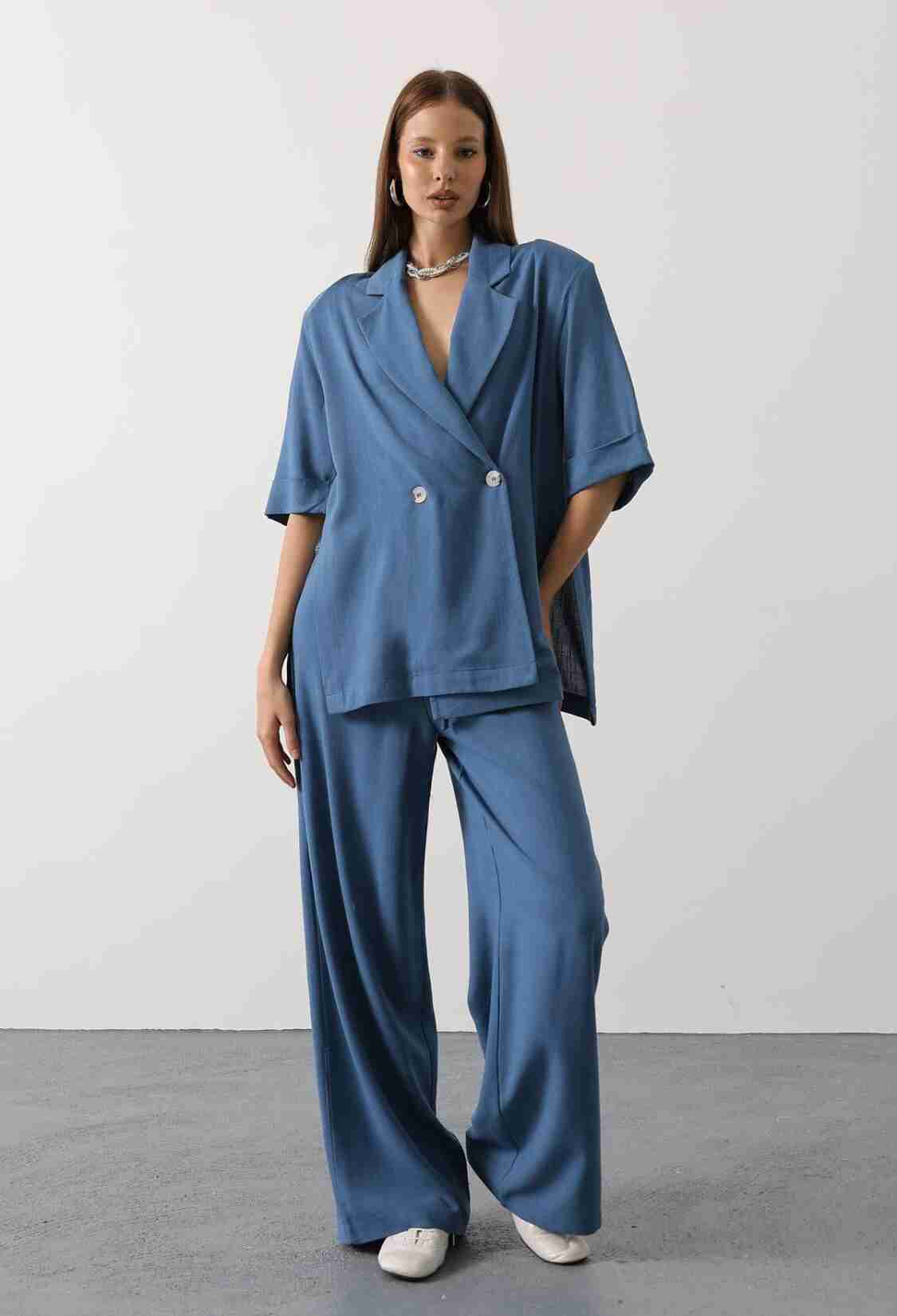 Blue Palazzo Pants High Waist Wide Leg - Brand: Reyon - Women & Kids, Baby Clothes Wholesale - TheBS Women
