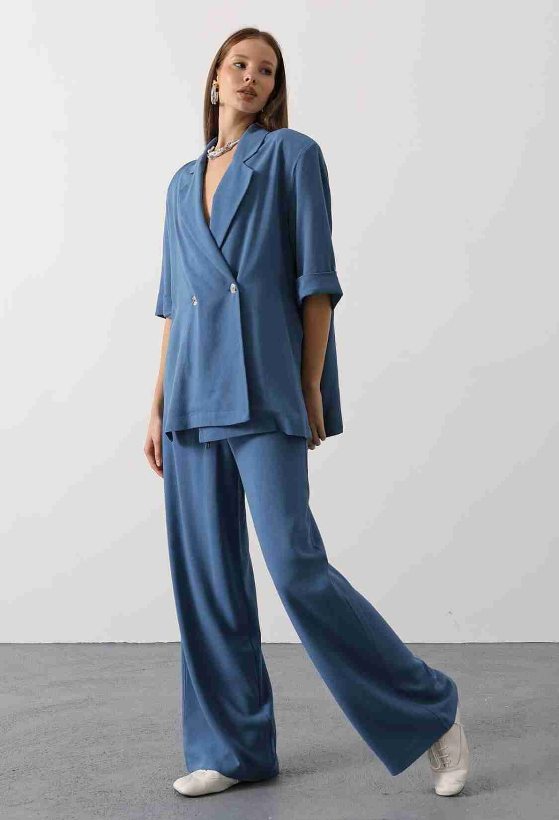 Blue Palazzo Pants High Waist Wide Leg - Brand: Reyon - Women & Kids, Baby Clothes Wholesale - TheBS Women