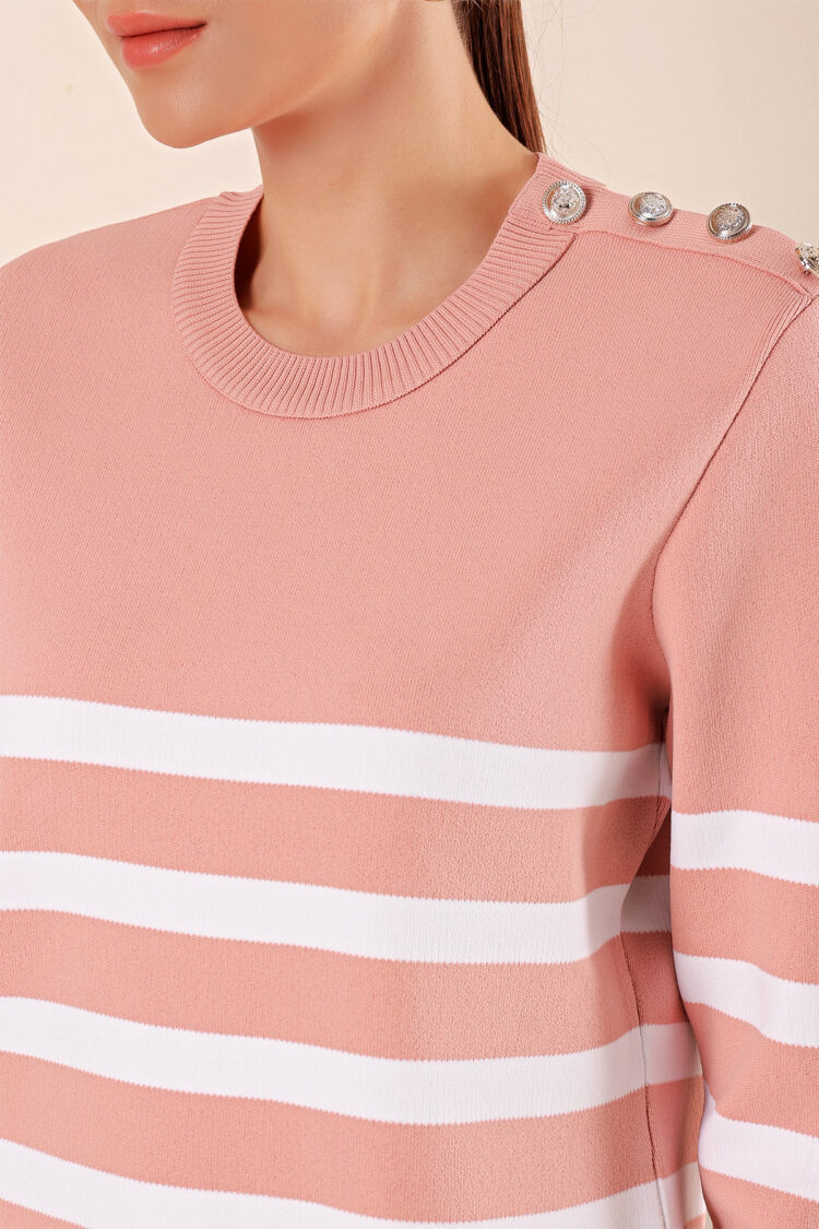 Button Detail Striped Sweater - Powder - Producer: Bigdart - Wholesale Women Clothes - TheBS Women
