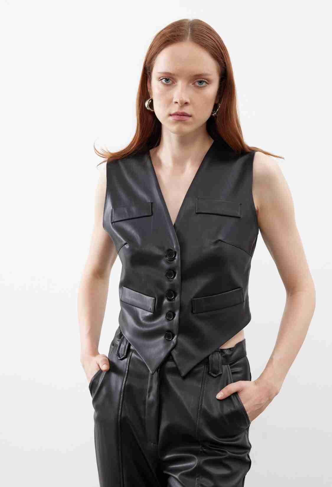 Special Cut Flannel Pocket Detailed Leather Vest Black - Brand: Juste - Women & Kids, Baby Clothes Wholesale - TheBS Women