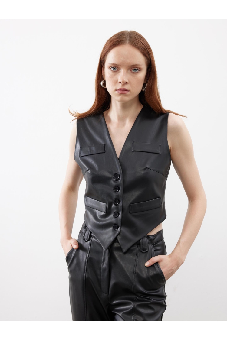 Special Cut Flannel Pocket Detailed Leather Vest Black - Brand: Juste - Women & Kids, Baby Clothes Wholesale - TheBS Women