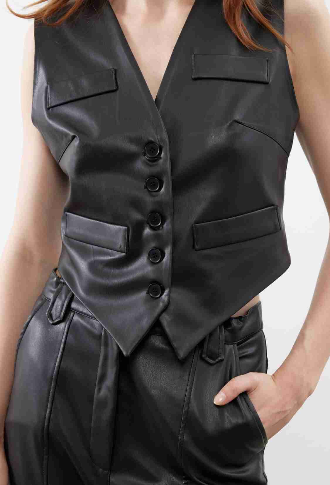 Special Cut Flannel Pocket Detailed Leather Vest Black - Brand: Juste - Women & Kids, Baby Clothes Wholesale - TheBS Women