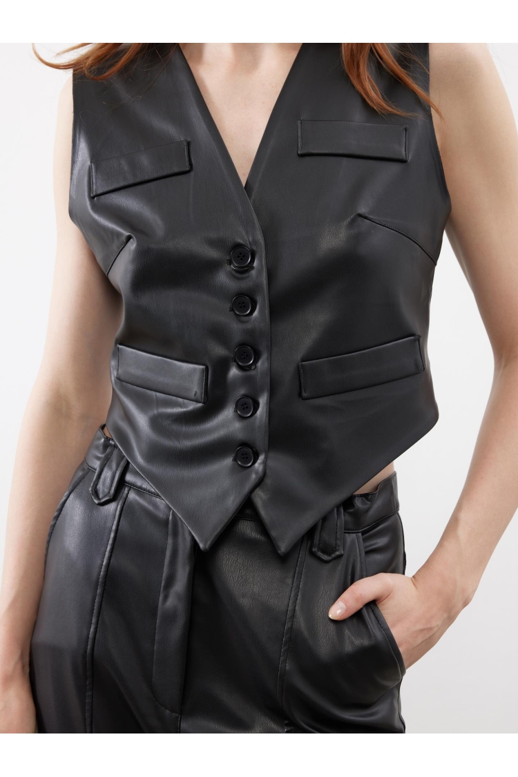 Special Cut Flannel Pocket Detailed Leather Vest Black - Brand: Juste - Women & Kids, Baby Clothes Wholesale - TheBS Women
