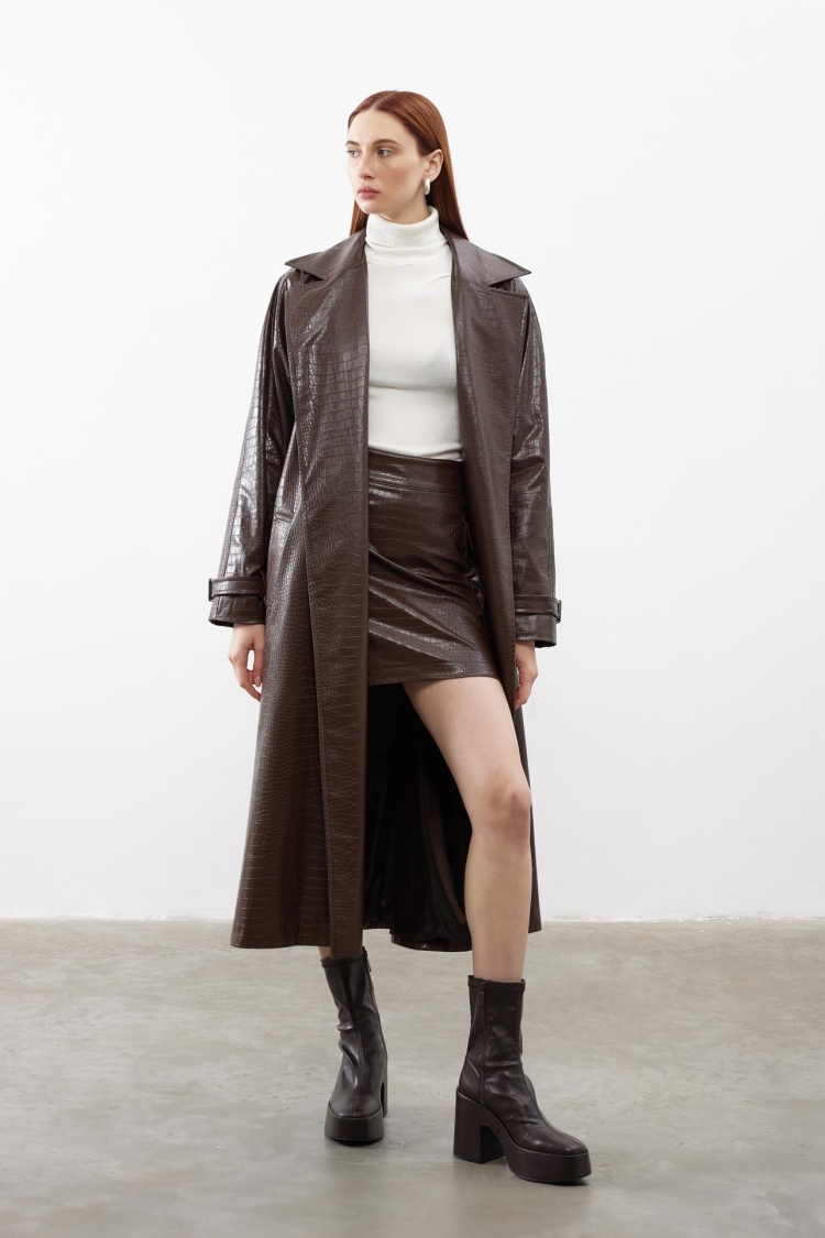 Patterned Leather Belted Trench Coat - Brand: Juste - Women & Kids, Baby Clothes Wholesale - TheBS Women