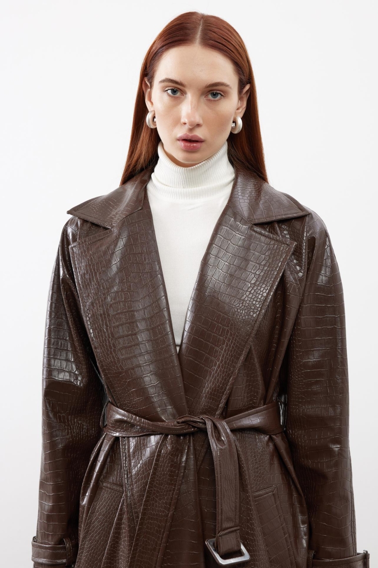 Patterned Leather Belted Trench Coat - Producer: Juste - Wholesale Women Clothes - TheBS Women