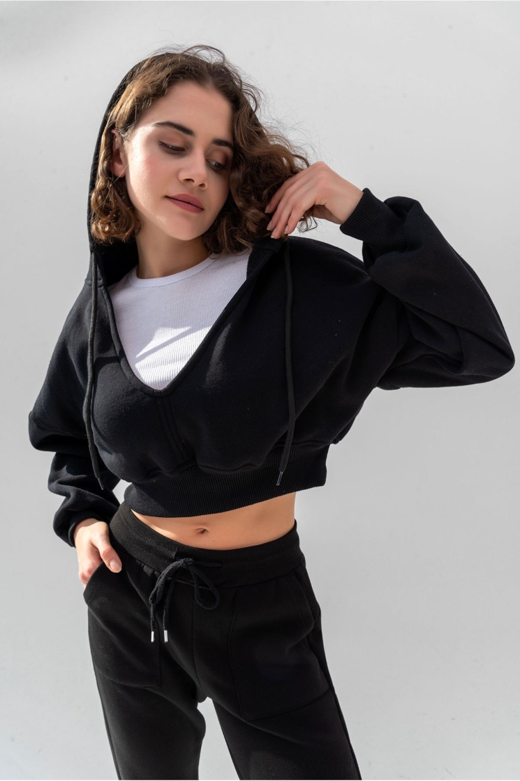 Hooded V-Neck Crop Thick Inside Fleece Knitted Sweatshirt - Brand: la & vetta - Women & Kids, Baby Clothes Wholesale - TheBS Women