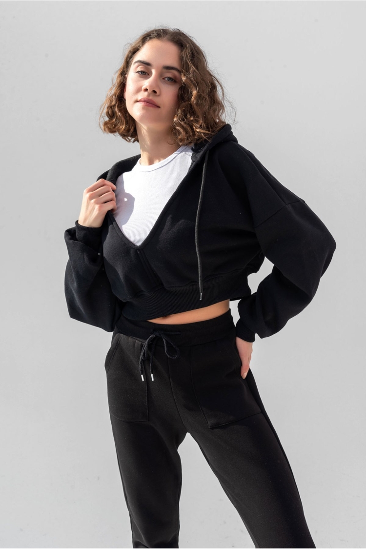 Hooded V-Neck Crop Thick Inside Fleece Knitted Sweatshirt - Brand: la & vetta - Women & Kids, Baby Clothes Wholesale - TheBS Women