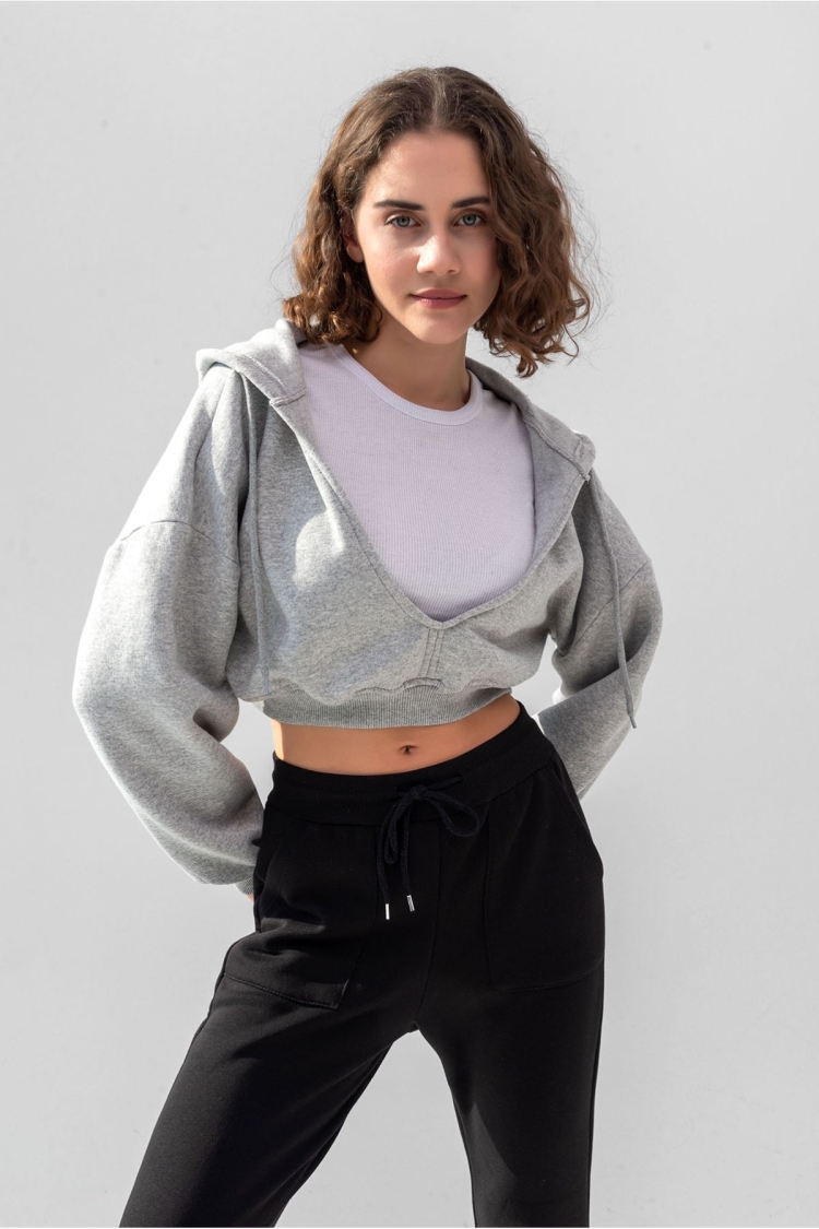 Hooded V-Neck Crop Thick Inside Fleece Knitted Sweatshirt - Brand: la & vetta - Women & Kids, Baby Clothes Wholesale - TheBS Women
