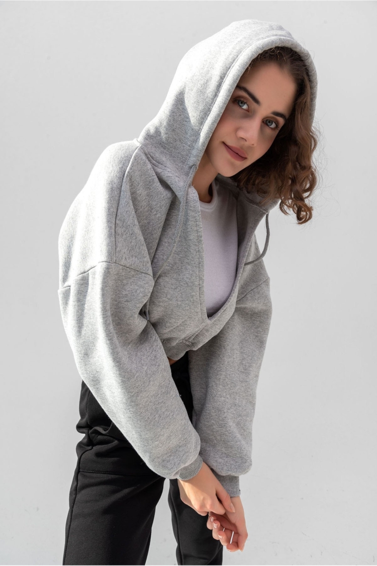 Hooded V-Neck Crop Thick Inside Fleece Knitted Sweatshirt - Brand: la & vetta - Women & Kids, Baby Clothes Wholesale - TheBS Women