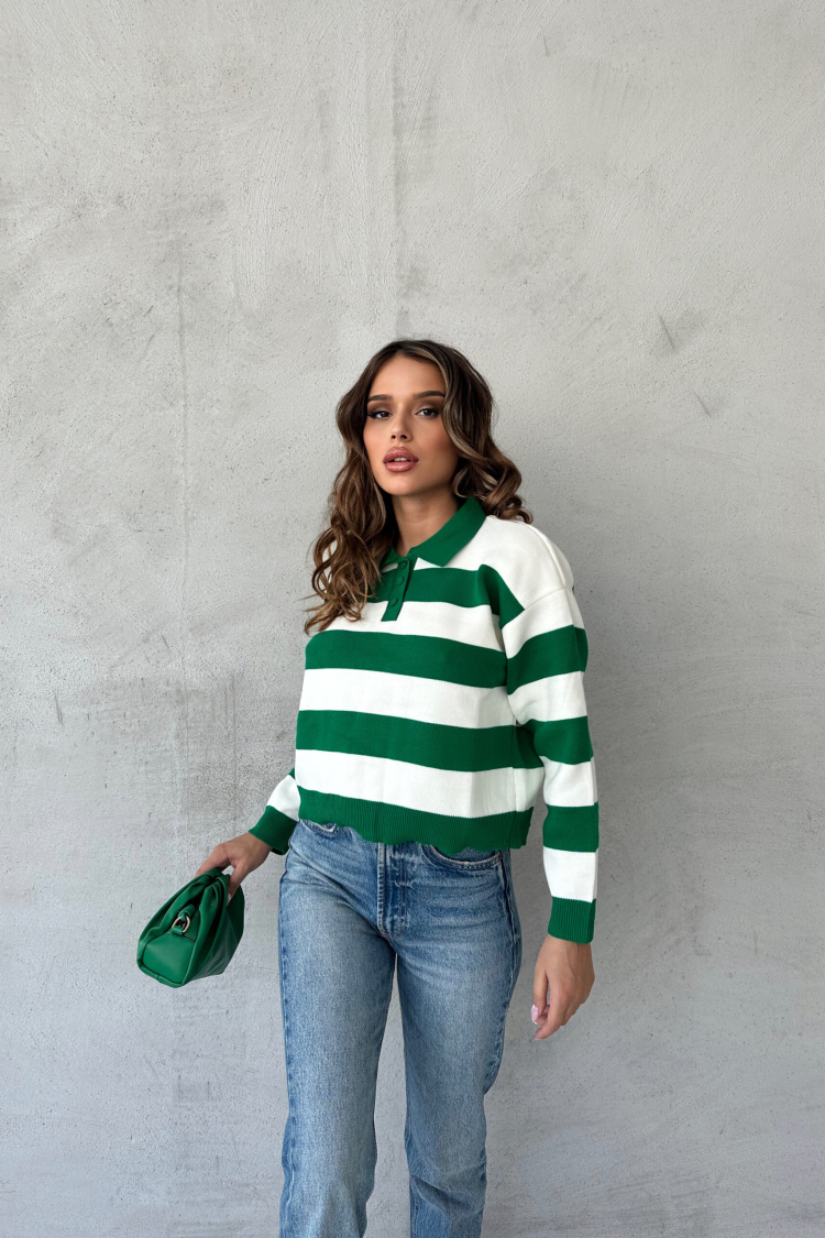 Polo Neck Striped Sweater - Green - Producer: My Fashion - Wholesale Women Clothes - TheBS Women