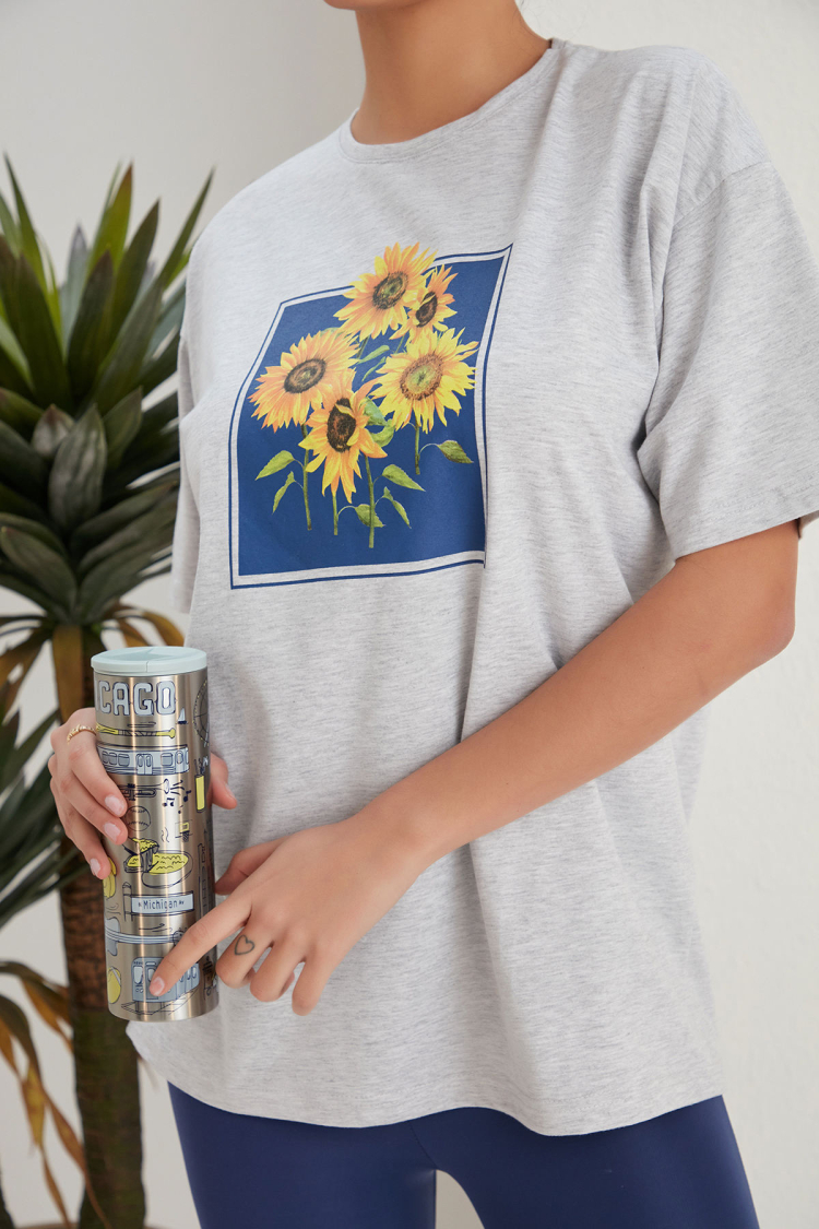 Five Daisy Print Oversize T-Shirt - Gray - Producer: My Fashion - Wholesale Women Clothes - TheBS Women