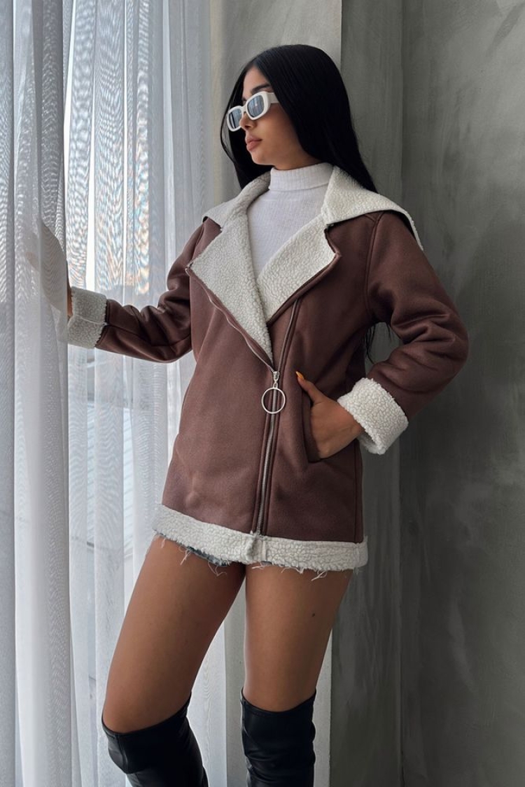 TanLeather Zippered Fur Collar Coat - Producer: Topshow - Wholesale Women Clothes - TheBS Women