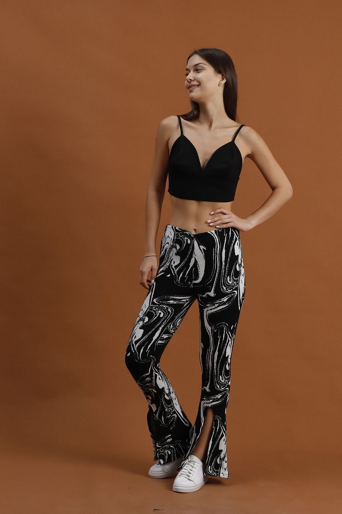 Black Marbled Slit Detailed Trousers - Producer: Topshow - Wholesale Women Clothes - TheBS Women