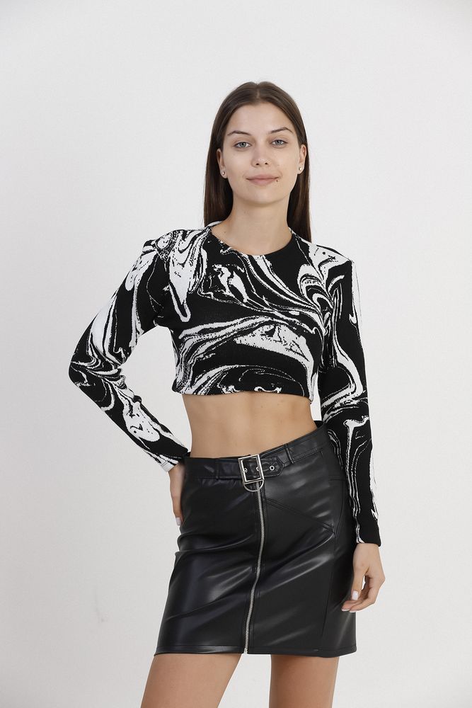 Black Marbled Crop Jacquard Blouse - Producer: Topshow - Wholesale Women Clothes - TheBS Women