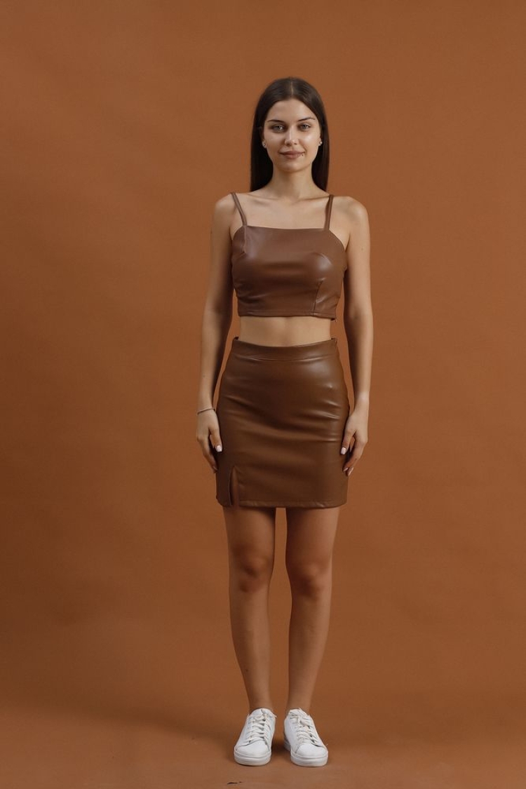 Tan Faux Leather Mini Skirt - Producer: Topshow - Wholesale Women Clothes - TheBS Women