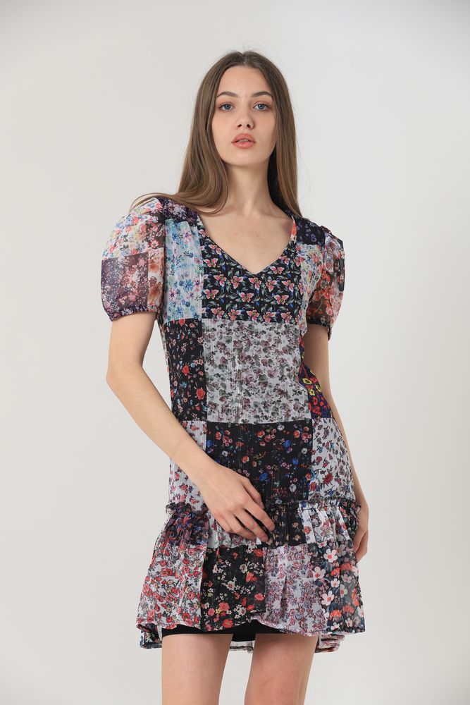 Mixed Floral V-Neck Short Sleeve Dress - Producer: Topshow - Wholesale Women Clothes - TheBS Women