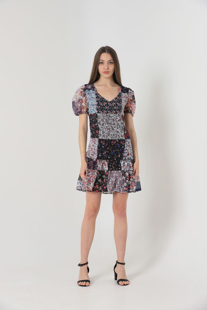 Mixed Floral V-Neck Short Sleeve Dress - Producer: Topshow - Wholesale Women Clothes - TheBS Women