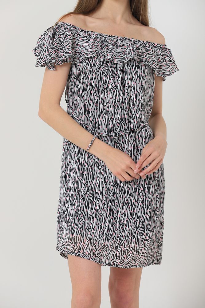 Zebra Polka Dot Boat Neck Knee Length Dress - Black & White - Producer: Topshow - Wholesale Women Clothes - TheBS Women