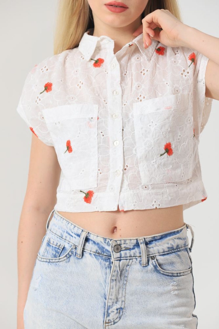 Embroidered Belly Shirt - White & Red - Producer: Topshow - Wholesale Women Clothes - TheBS Women