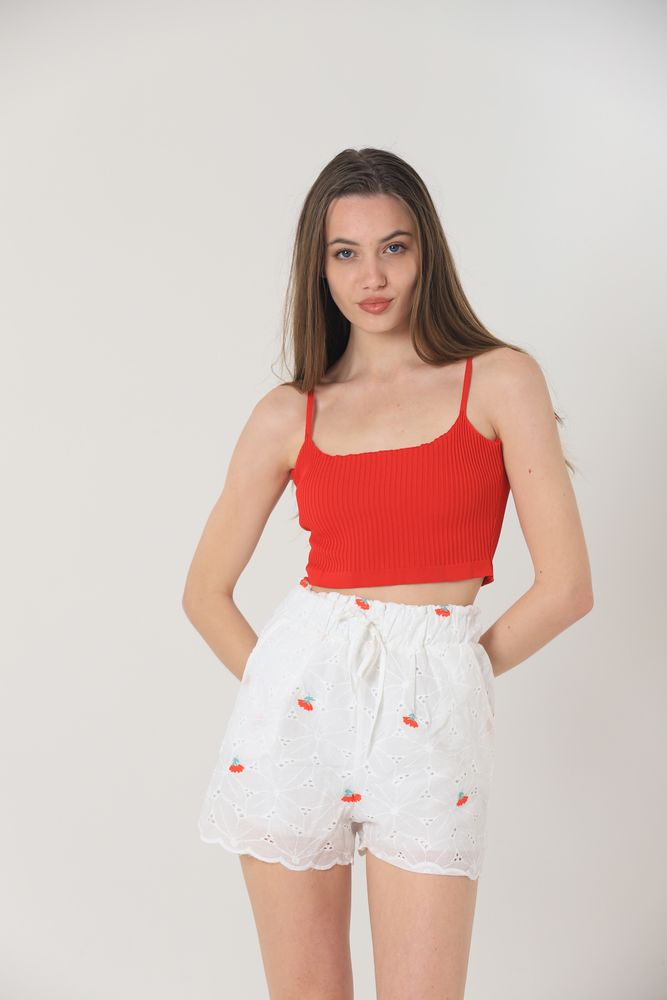 Floral Embroidered Pocket Shorts - White & Red - Producer: Topshow - Wholesale Women Clothes - TheBS Women