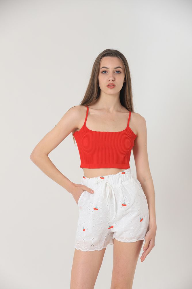 Floral Embroidered Pocket Shorts - White & Red - Producer: Topshow - Wholesale Women Clothes - TheBS Women
