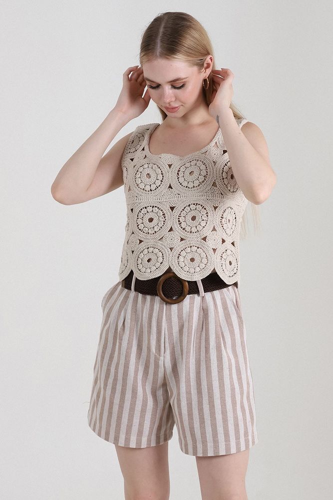 Striped Belted Linen Shorts - Producer: Topshow - Wholesale Women Clothes - TheBS Women