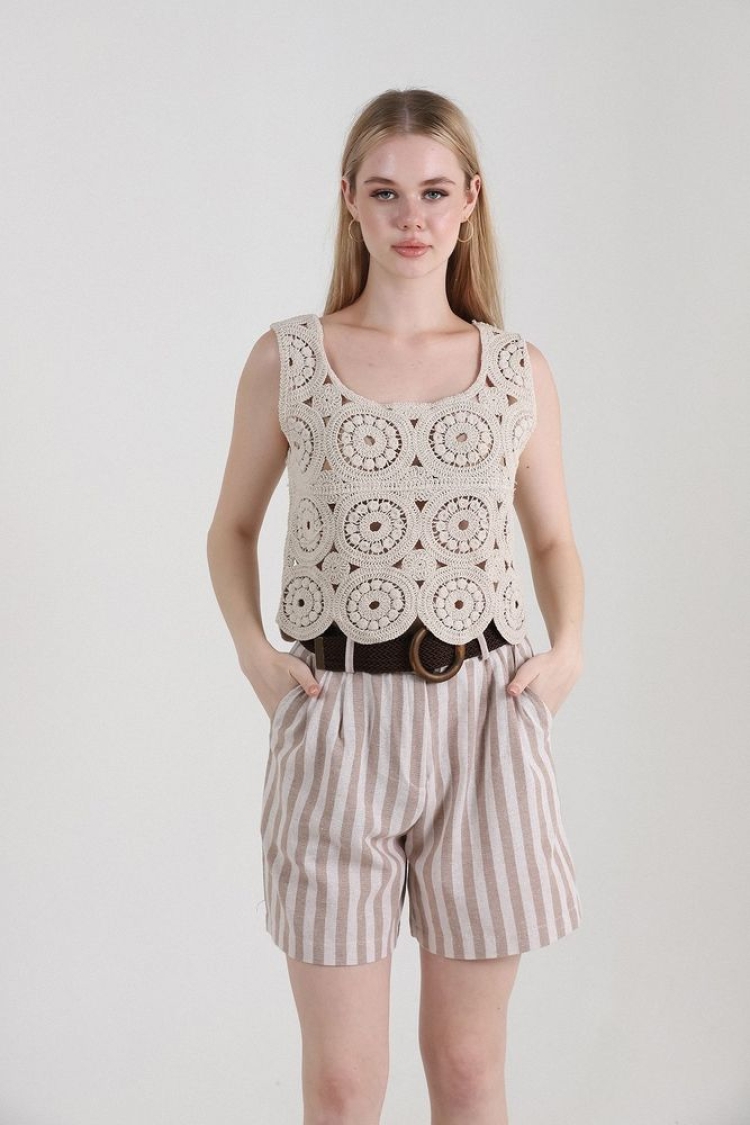 Striped Belted Linen Shorts - Producer: Topshow - Wholesale Women Clothes - TheBS Women