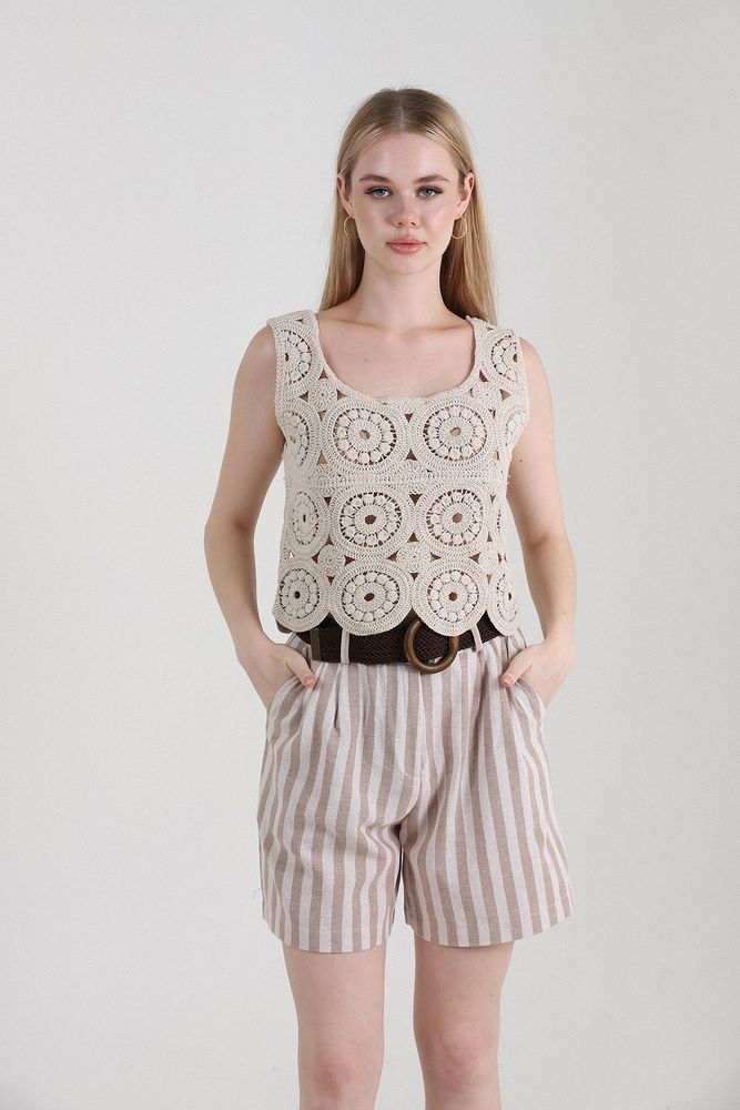Striped Belted Linen Shorts - Producer: Topshow - Wholesale Women Clothes - TheBS Women
