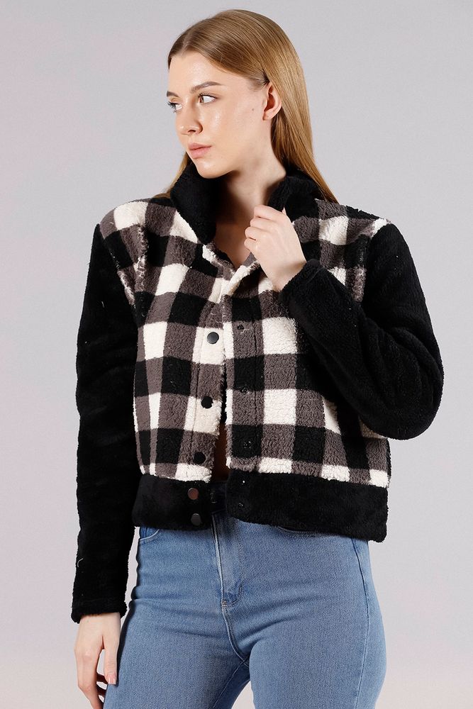 Black Checkerboard Fleece Snap Jacket - Producer: Topshow - Wholesale Women Clothes - TheBS Women