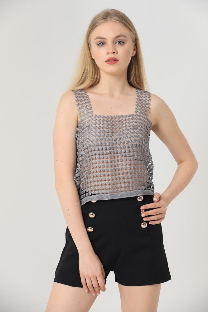 Gray Glitter Laser Cut Glitter Mesh Undershirt - Producer: Topshow - Wholesale Women Clothes - TheBS Women